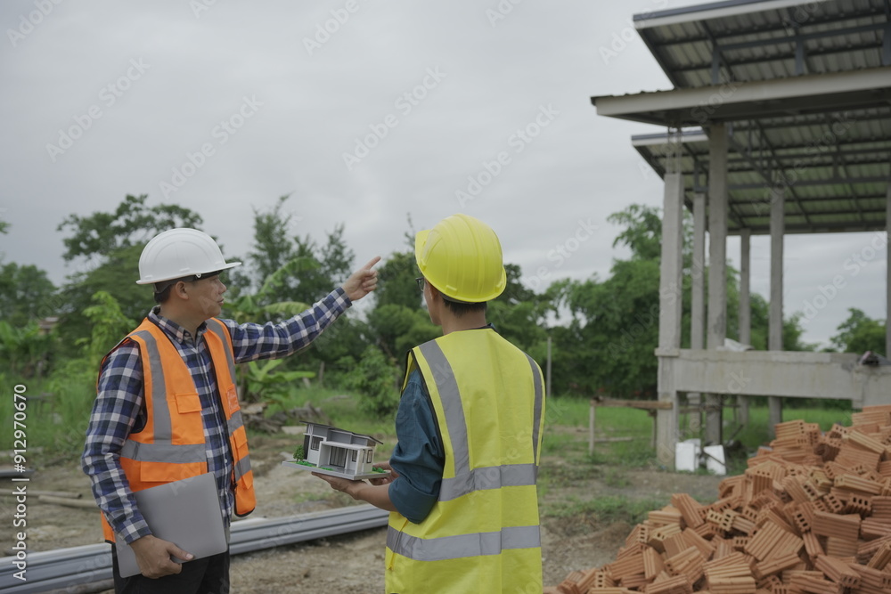 Professional architect engineer with hard hat and blueprint at building construction site house building permit background. Architects looking at blueprints. Construction and engineering industry Professional architect engineer with hard hat and blueprint at building construction site house building permit background. Architects looking at blueprints. Construction and engineering industry