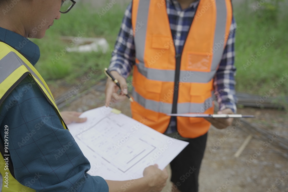 Fototapeta premium Professional architect engineer with hard hat and blueprint at building construction site house building permit background. Architects looking at blueprints. Construction and engineering industry