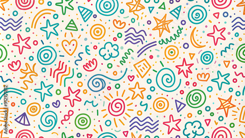 Fun colorful line doodle seamless pattern. Creative minimalist style art background for children or trendy design with basic shapes. Simple childish scribble background