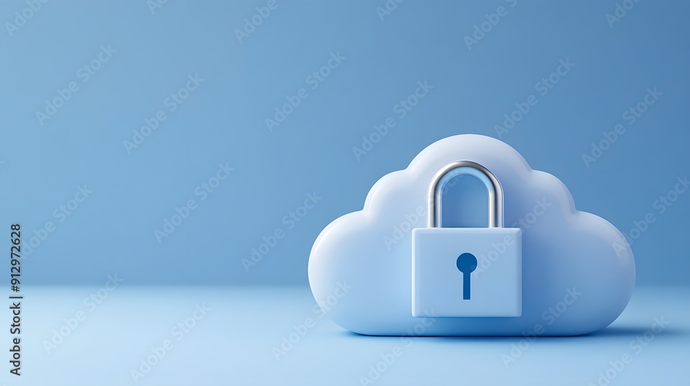 Cloud security concept image with a 3D cloud icon and padlock, symbolizing data protection in a blue background. Cloud security concept image with a 3D cloud icon and padlock, symbolizing data protection in a blue background.