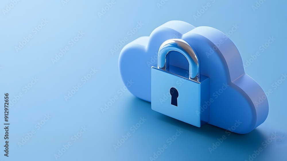 Cloud security concept image with a blue cloud shape featuring a padlock, symbolizing data protection and digital security. Cloud security concept image with a blue cloud shape featuring a padlock, symbolizing data protection and digital security.
