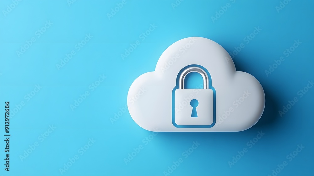 Cloud security concept image with a padlock embedded in a cloud shape on a blue background, representing data protection and privacy. Cloud security concept image with a padlock embedded in a cloud shape on a blue background, representing data protection and privacy.