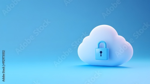 Cloud security concept with a blue cloud and padlock symbolizing data protection and online safety. Blue background.