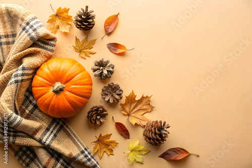 Wallpaper Mural Autumn composition Flatlay. Orange pumpkin, plaid, dry autumn leaves, cones on a pastel beige background. Autumn minimalism concept, banner. Flat bed, top view. Torontodigital.ca