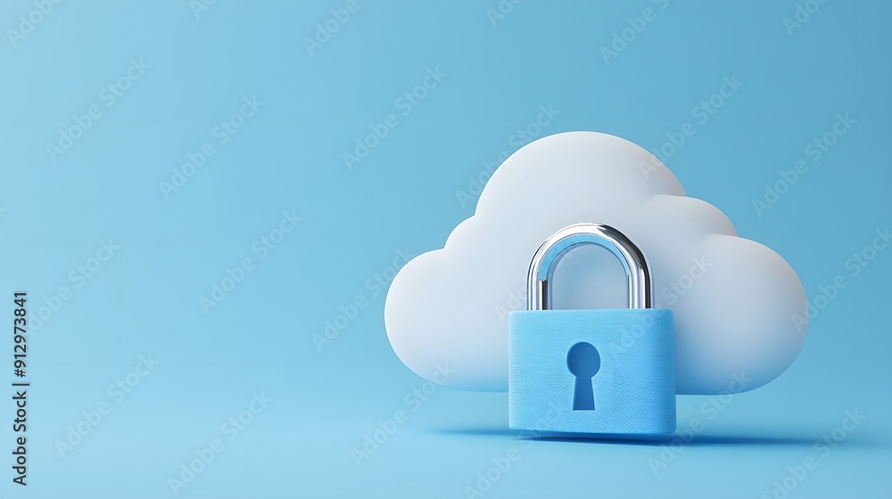 Cloud security concept with a lock icon representing data protection on a blue background, highlighting cyber safety and online privacy measures. Cloud security concept with a lock icon representing data protection on a blue background, highlighting cyber safety and online privacy measures.
