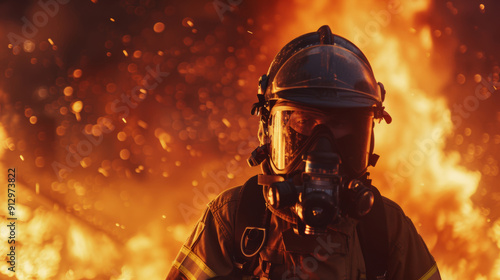 A firefighter faces a raging inferno, their protective gear shielding them from the heat