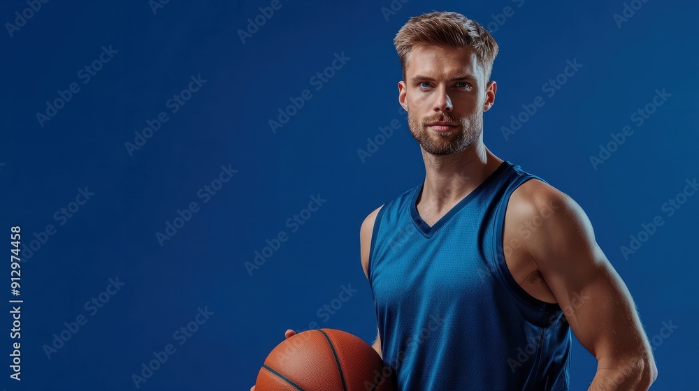 a Caucasian man in a blue sports jersey, looking confident while holding a basketball on a blue studio background a Caucasian man in a blue sports jersey, looking confident while holding a basketball on a blue studio background