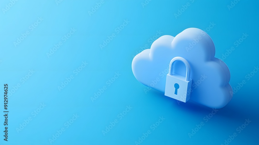 Cloud security concept with blue cloud icon and lock symbolizing data protection, isolated on a blue background. Cloud security concept with blue cloud icon and lock symbolizing data protection, isolated on a blue background.