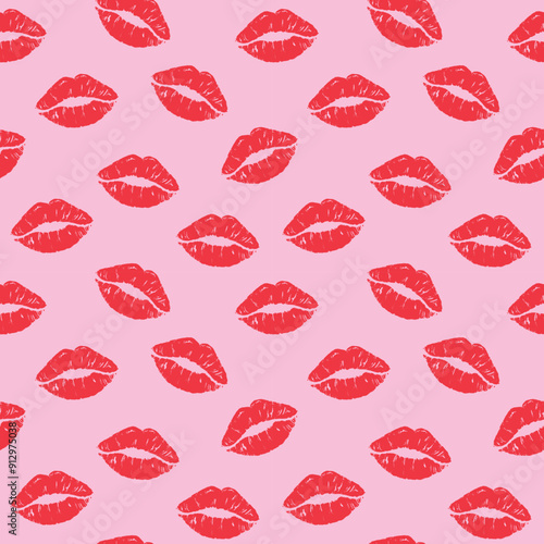 Seamless pattern of red puckered lips on a pink background; perfect for beauty and romantic designs. Keywords: lips, red, pink, pattern, kiss, print