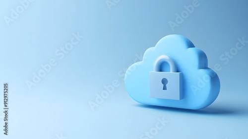 Cloud security symbol. Blue cloud icon with lock, representing data protection and online privacy. Concept of secure cloud computing.