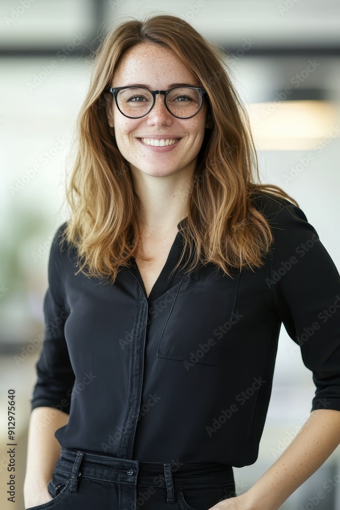 Freckled charm radiates. Glasses frame joyful eyes. Hands rest in pockets. Caucasian woman's genuine smile captivates. Confidence and warmth blend seamlessly. Portrait exudes approachability. Freckled charm radiates. Glasses frame joyful eyes. Hands rest in pockets. Caucasian woman's genuine smile captivates. Confidence and warmth blend seamlessly. Portrait exudes approachability.
