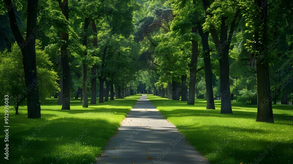 Fototapeta premium Serene green park with winding road and sunlight, Sunlight filters through the trees park, Serene park landscape with sunlit path and trees.