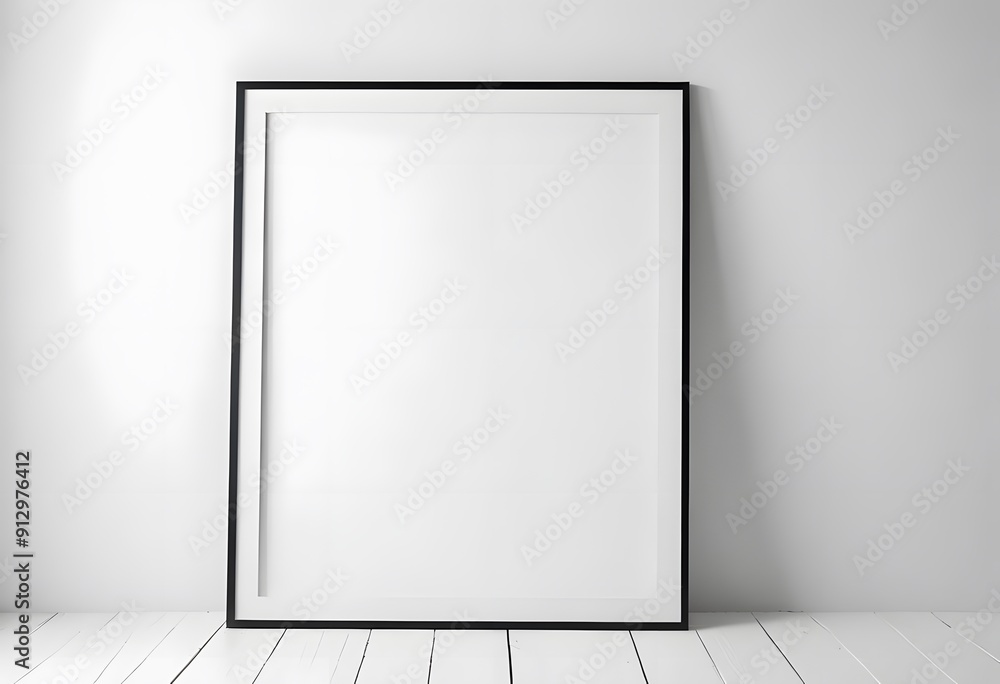 A blank white framed canvas on a white shelf with a small vase A blank white framed canvas on a white shelf with a small vase