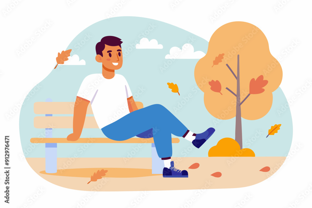 Young Man Enjoying Weather Sitting on a Bench in the Park