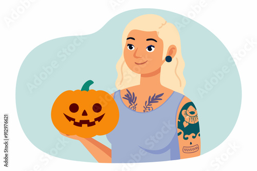 Young Woman with Tattoos holding a pumpkin