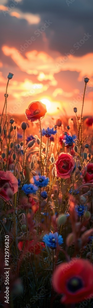 Obraz premium Many red and blue flowers in a field, Nature background, Vertical background