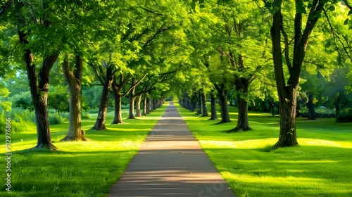 Serene green park with winding road and sunlight, Sunlight filters through the trees park, Serene park landscape with sunlit path and trees.