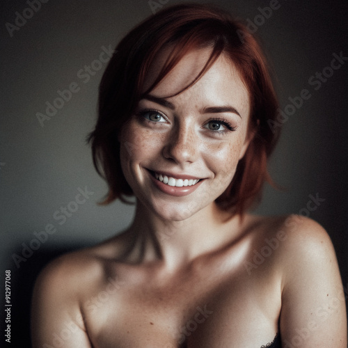 Portrait of a young red-haired woman with a bright smile in a minimalist style.