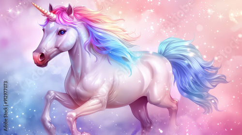 A white unicorn with a rainbow mane and tail runs through a shimmering, pink sky