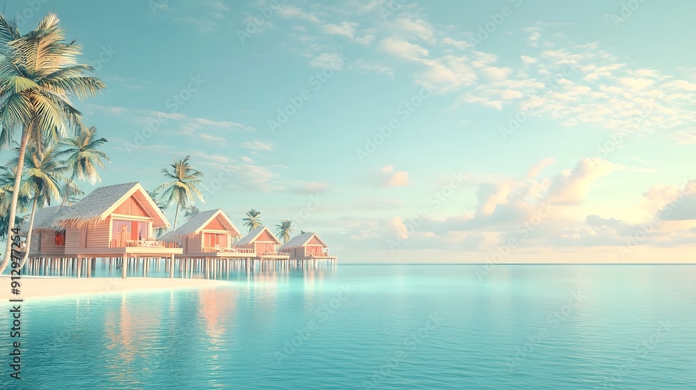 Fototapeta premium 3D of A tropical resort with overwater bungalows and a pristine lagoon.