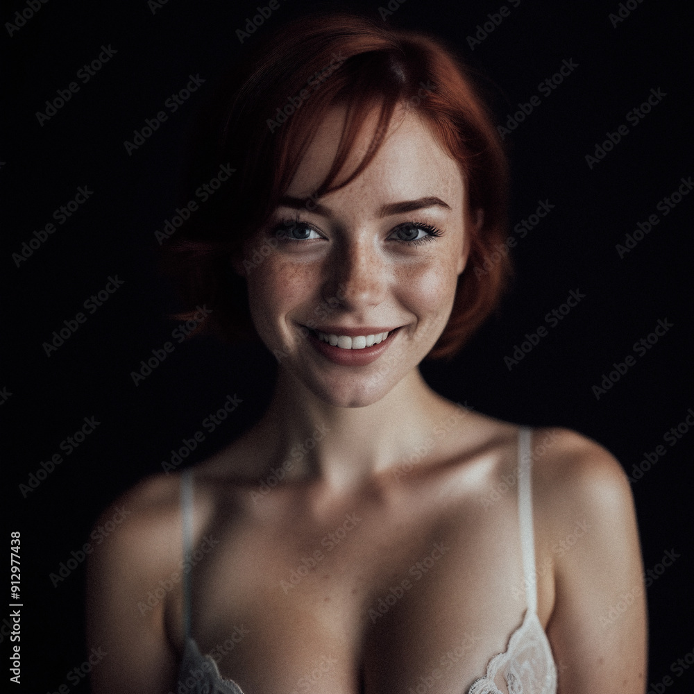 Portrait of a young red-haired woman with a bright smile on a dark background. Portrait of a young red-haired woman with a bright smile on a dark background.