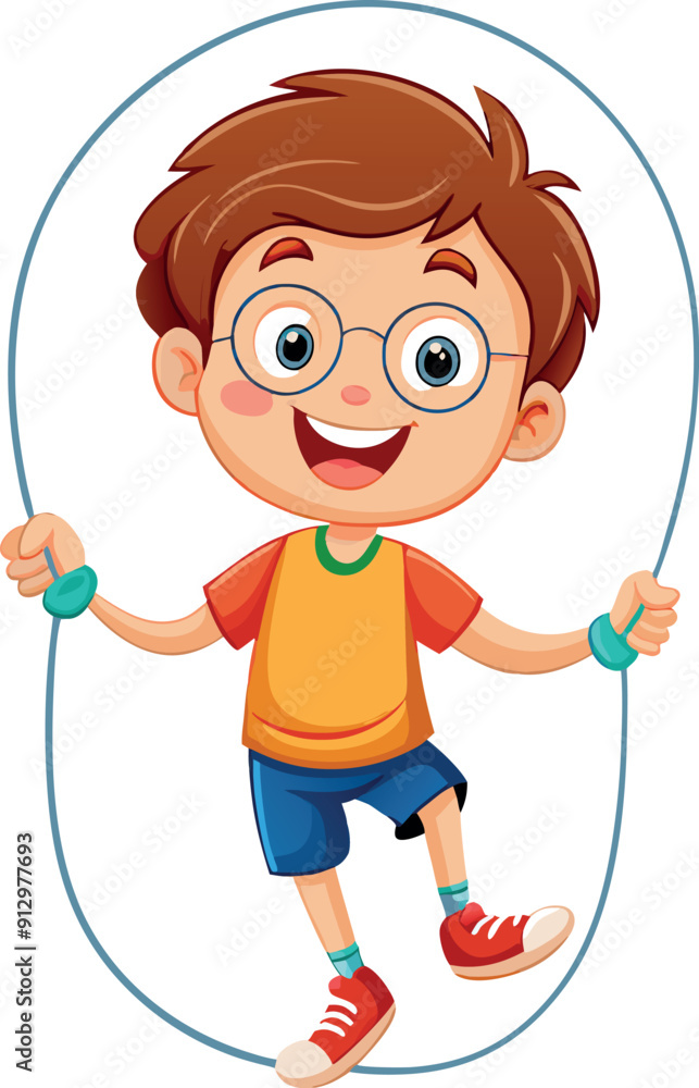 Happy boy wearing glasses is jumping rope and having fun Happy boy wearing glasses is jumping rope and having fun