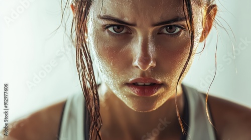 Close up of exhausted and sexy fitness woman after heavy exercise to loss weight. Fit, sweaty and young female athletic done with sports training against white background.