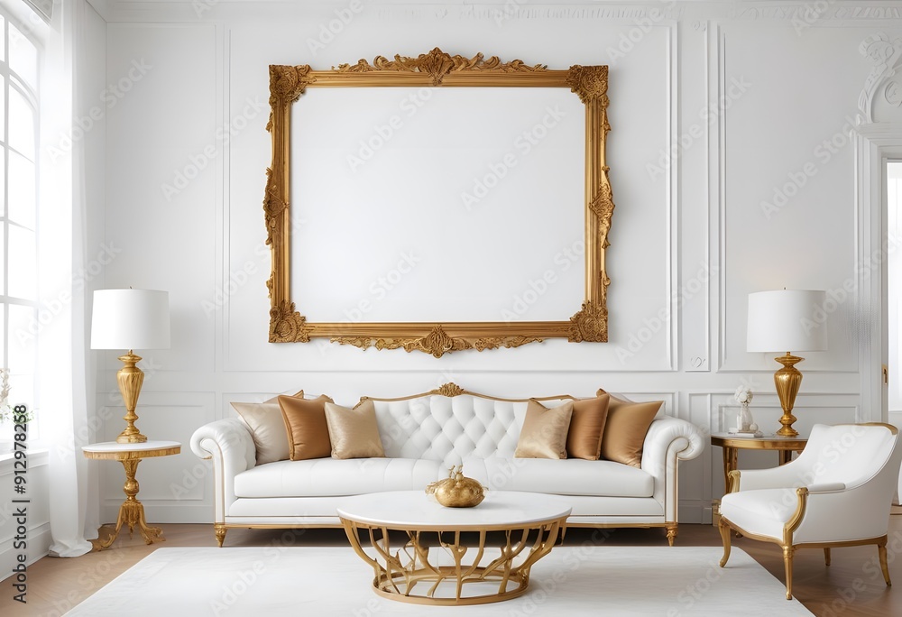 Fototapeta premium A modern living room with a large gray sectional sofa, a wooden framed wall art, and potted plants