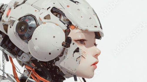 Cybernetic Female Character Design, a futuristic figure with intricate mechanical features, minimalist white backdrop photo