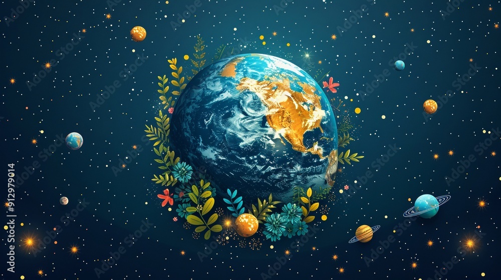 Earth with energyefficient technology and water conservation symbols minimalistic flat green background art space for text Earth with energyefficient technology and water conservation symbols minimalistic flat green background art space for text