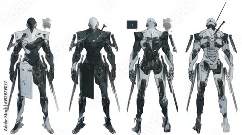 Cybernetic Male Character Design, a futuristic figure with intricate mechanical features, minimalist white backdrop photo