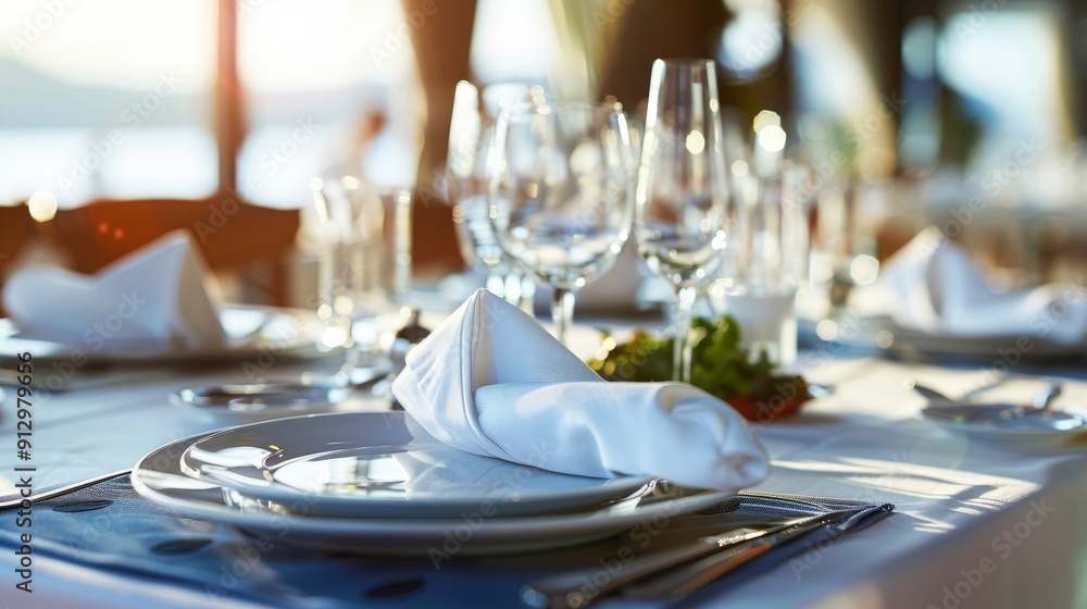 A Close-Up of a White Napkin on a Plate with a Blurry Background, restaurant, tableware, dining, elegant A Close-Up of a White Napkin on a Plate with a Blurry Background, restaurant, tableware, dining, elegant