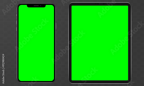 Set of tablet, phone on transparent background with green chroma key screen. Stock vector illustration.	