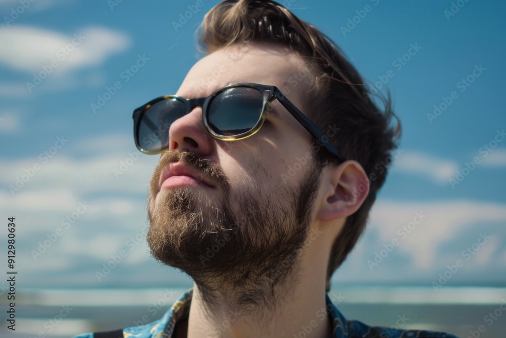 A man with a beard and sunglasses is looking at the camera. The sunglasses are black and yellow A man with a beard and sunglasses is looking at the camera. The sunglasses are black and yellow