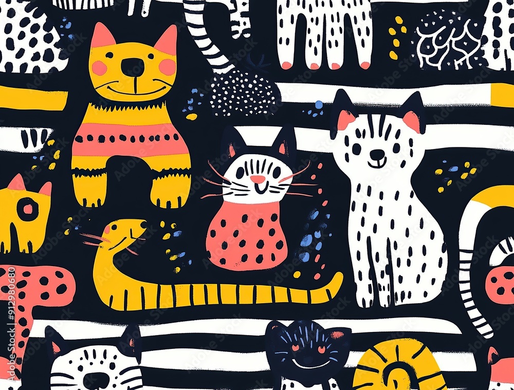 Seamless pattern of cartoon dogs, cats, and snakes in vibrant colors ...