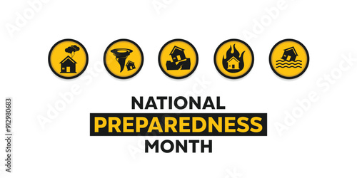 September is National Preparedness Month. Lightning, tornado, earthquake, fire, flood. Suitable for cards, banners, posters, social media and more. White background.