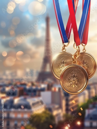 medals against the backdrop of Paris with the Eiffel Tower in a blurred background.