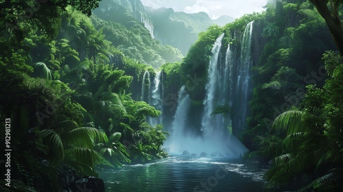waterfall in the middle of a green forest