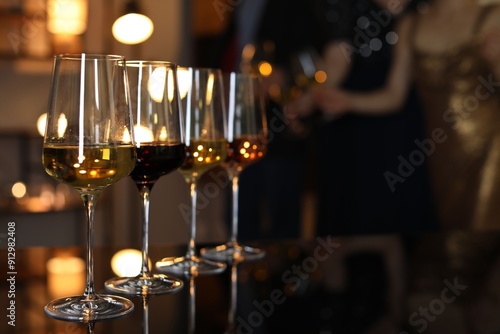 Obraz na plátně Different tasty wines in glasses on table indoors, selective focus