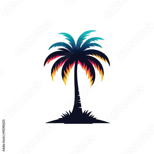 Minimalist vector illustration of a palm tree silhouette against a colorful sunset beach, Beach sunset with palm tree silhouette