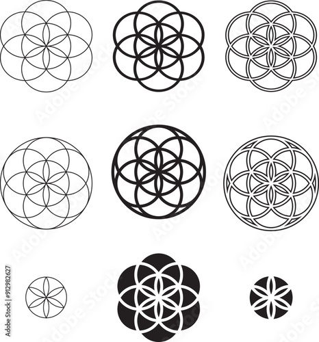 Seed of life symbol made from seven circles overlapping. Variations include thin and thick stroke, outline and solid shape. Spiritual symbol of creation and beginnings isolated vector.