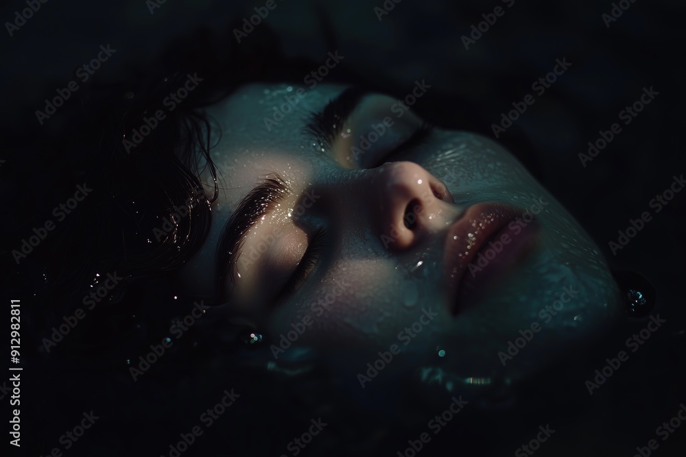 Woman with Closed Eyes Floating in Water in Low Light Woman with Closed Eyes Floating in Water in Low Light