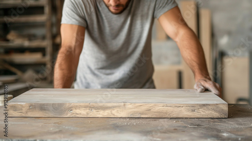 Close up of wooden board in front of carpenter,workshop,industry,woodworking photo