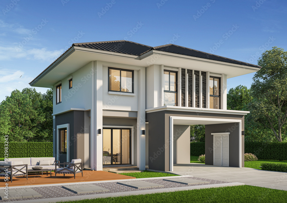 Modern house exterior day light with lawn grass.3d rendering Modern house exterior day light with lawn grass.3d rendering