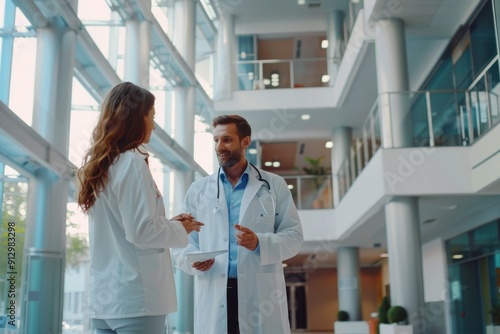 Sales representative talking to a doctor in the medical building