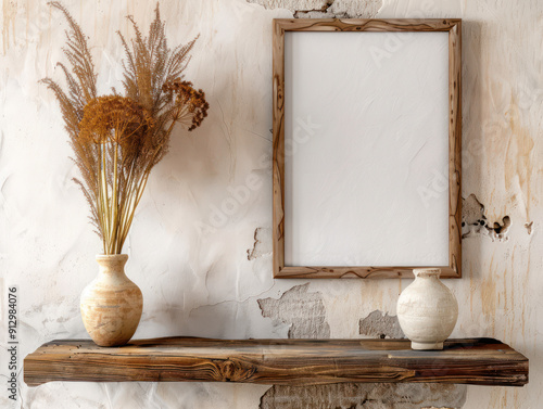 A rustic wooden shelf mounted on a textured wall, decorated with dried flowers in a vase, another vase, and a blank wooden frame. photo