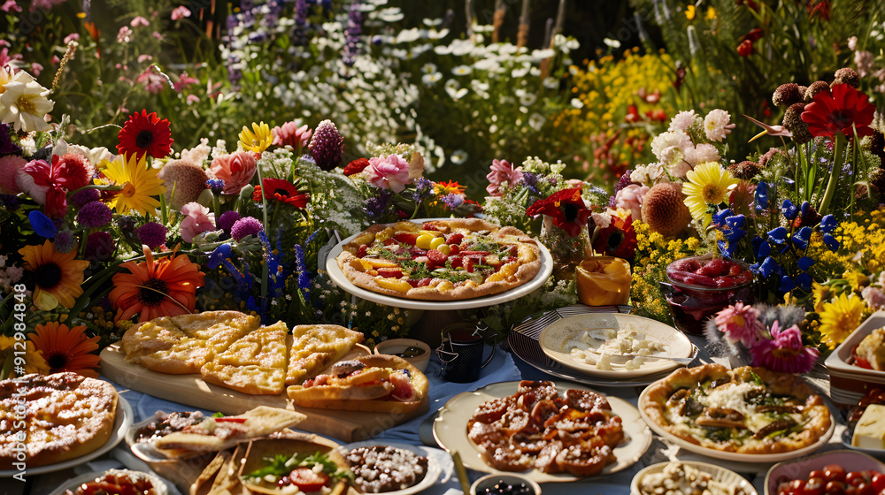 Fototapeta premium A festive picnic table overflowing with home-cooked meals in a picturesque countryside meadow.