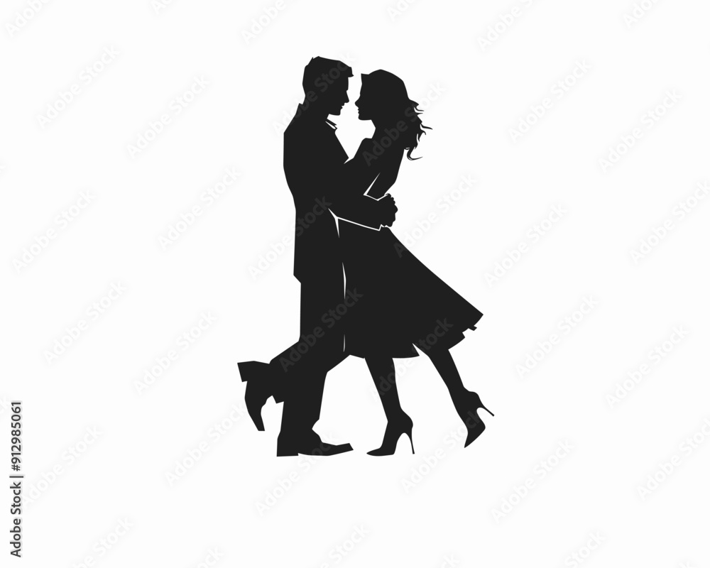 Man and woman black silhouette, dancing couple flat vector illustration Man and woman black silhouette, dancing couple flat vector illustration