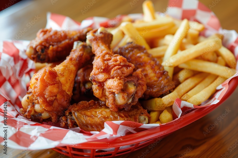 Basket of crispy fried chicken wings and golden fries on a checkered paper liner, showcasing classic comfort food Basket of crispy fried chicken wings and golden fries on a checkered paper liner, showcasing classic comfort food