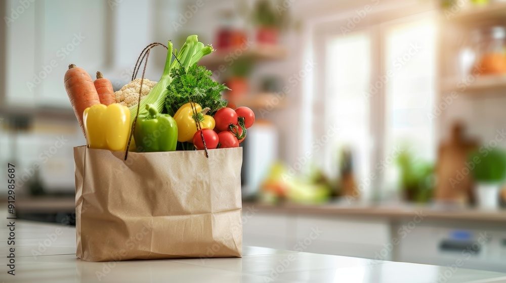 Paper Bag Full of Fresh Vegetables in Kitchen, Grocery Shopping, Healthy Food, Kitchen Counter, Produce Paper Bag Full of Fresh Vegetables in Kitchen, Grocery Shopping, Healthy Food, Kitchen Counter, Produce